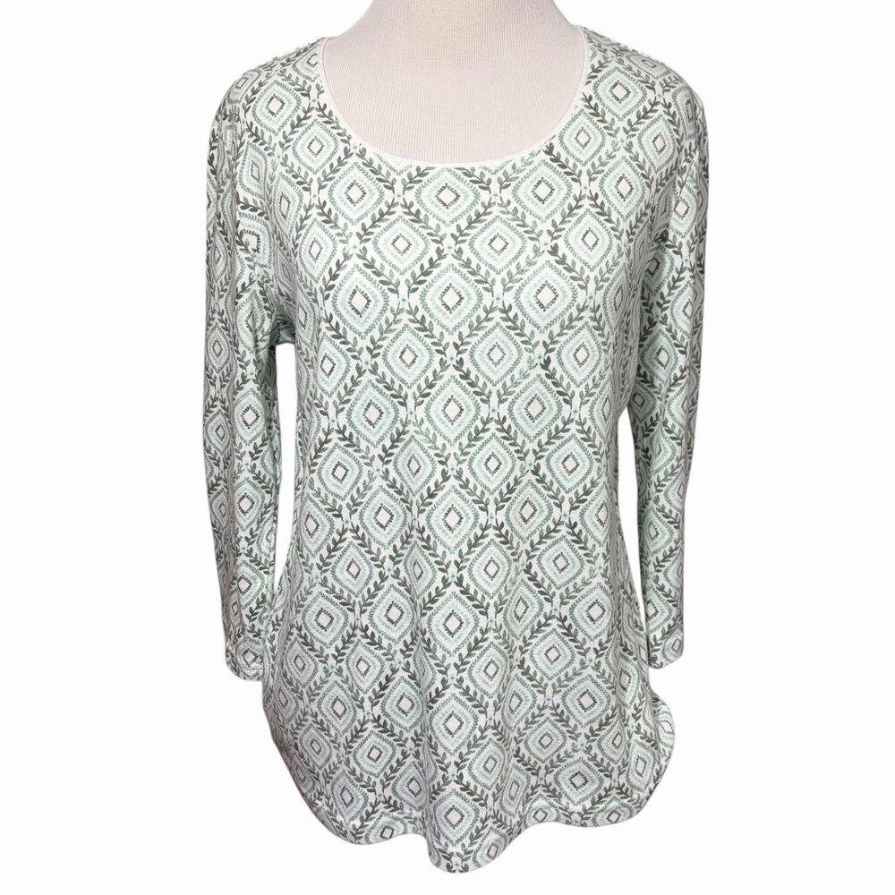 Karen Scott Women’s S Green White Diamond Leaf Top 3/4 Sleeve Cotton Blend